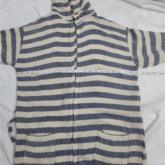Striped robe‎ ivory and blue woven hooded cardigan with tie belt and pockets L - Picture 5 of 6